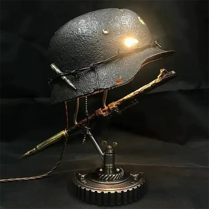 War Relic Helmet Lamp Statue Resin Abstract Vintage Home Light Decoracion Ornaments Statuettes Sculpture Craft for Office Desk